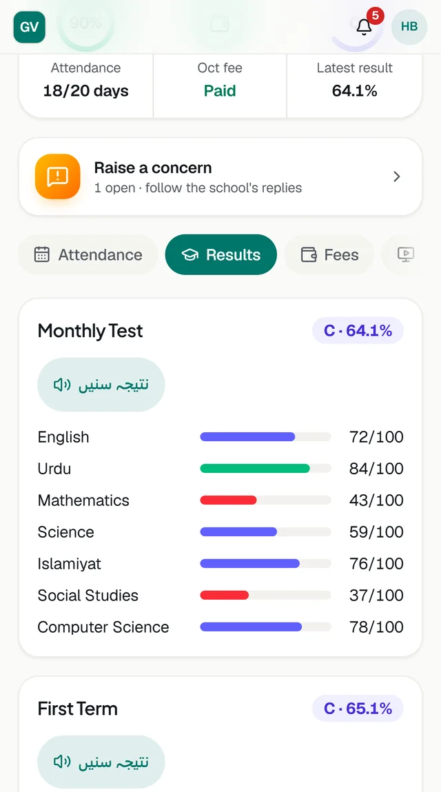 Parent app in the Classwell app