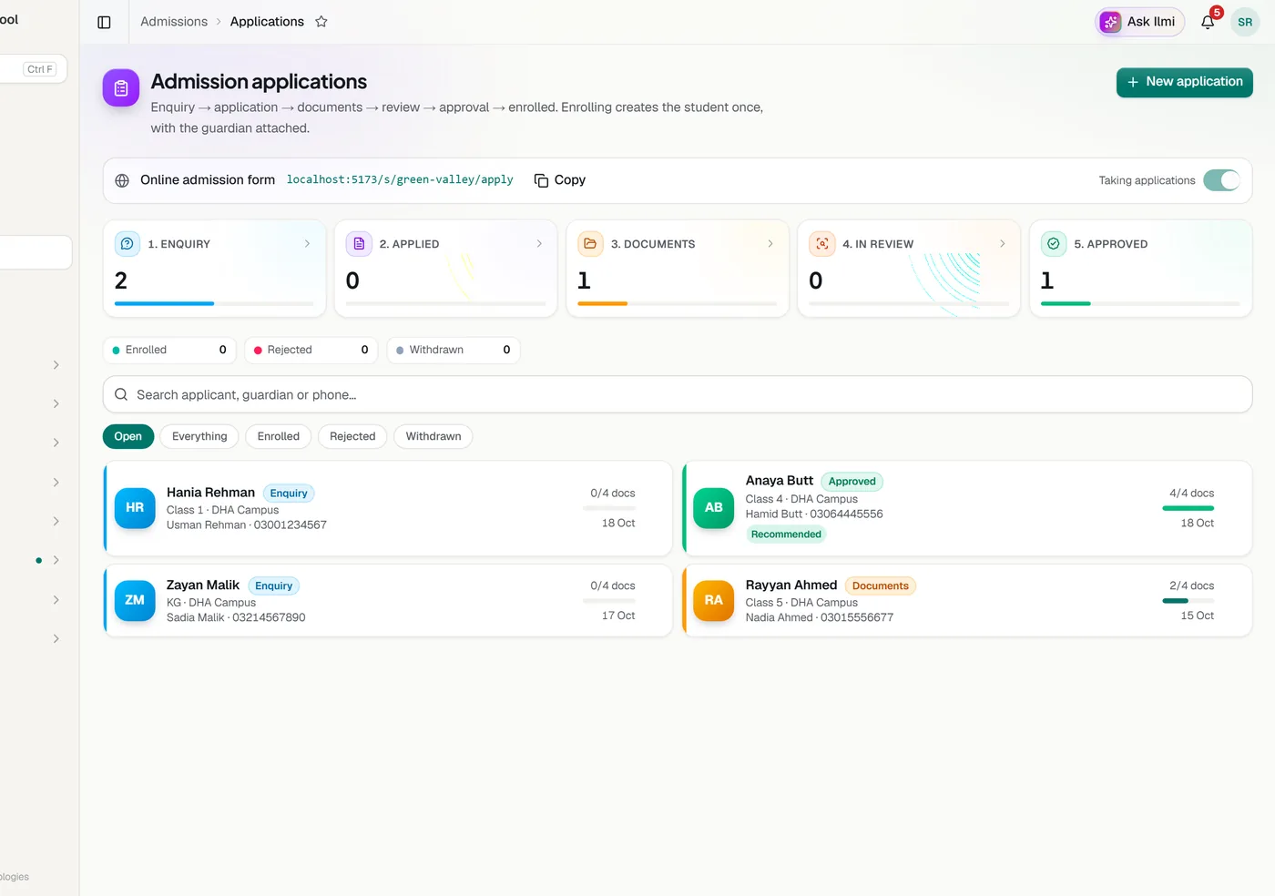 Admissions & students in the Classwell app