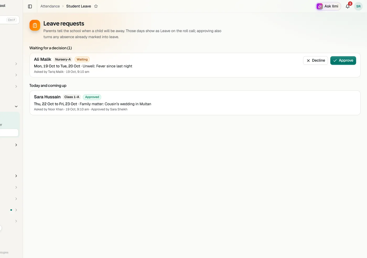 Leave requests in the Classwell app