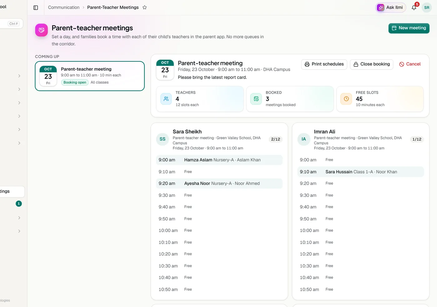 Parent teacher meetings in the Classwell app