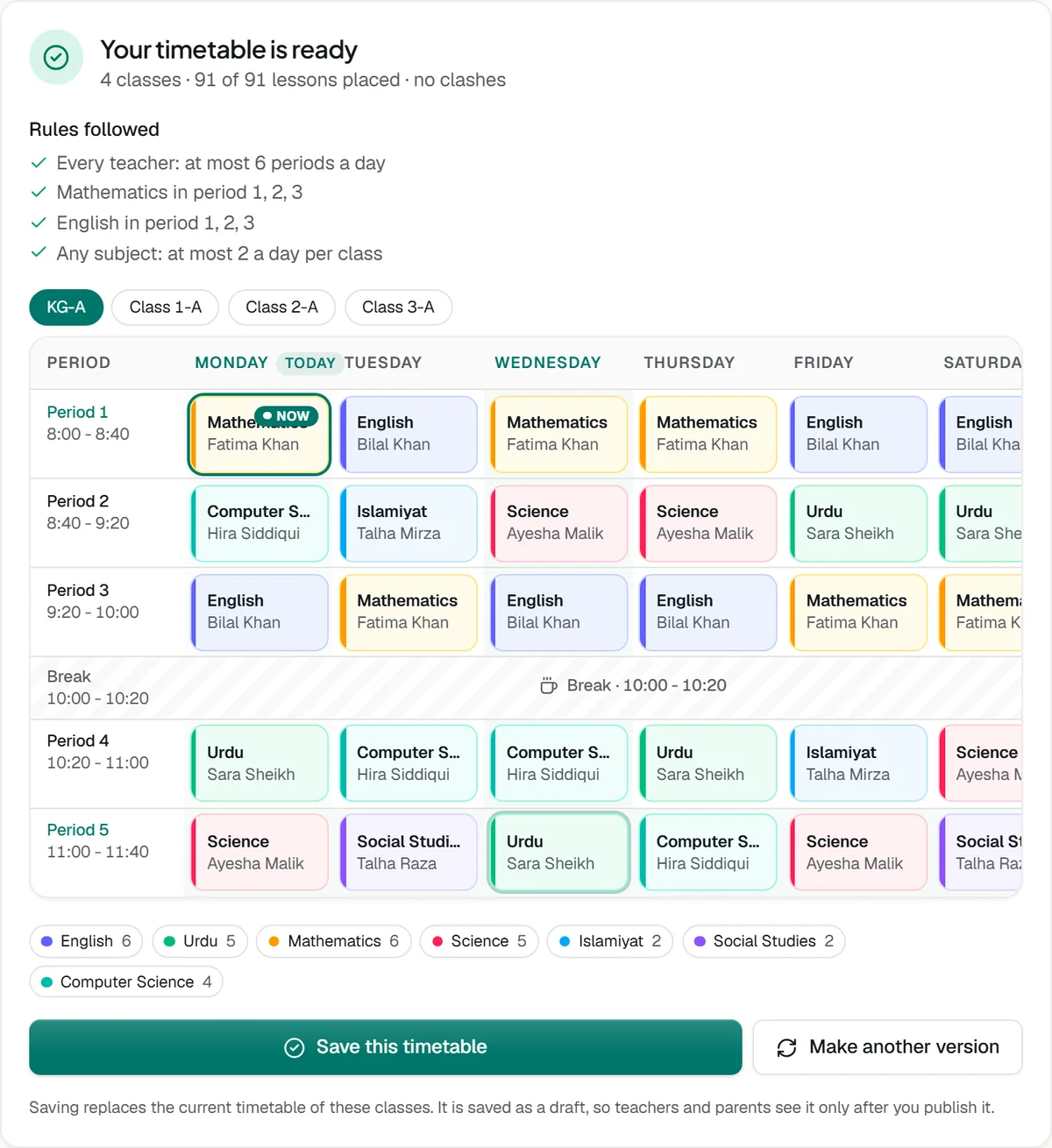 Timetable in the Classwell app
